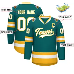 Teal White-Gold Classic Hockey Jersey 2