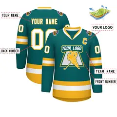 Teal White-Gold Classic Hockey Jersey 2