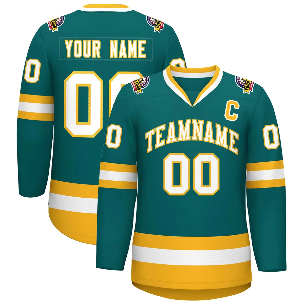 Teal White-Gold Classic Hockey Jersey