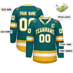 Teal White-Gold Classic Hockey Jersey 2