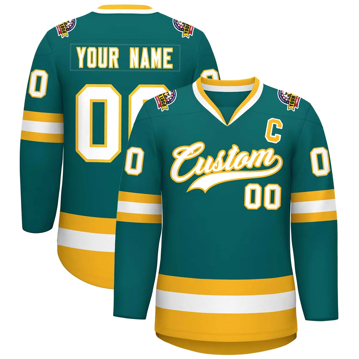 Teal White-Gold Classic Hockey Jersey