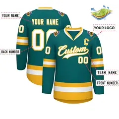 Teal White-Gold Classic Hockey Jersey 2