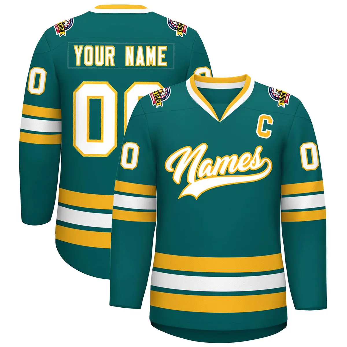 Teal White-Gold Classic Hockey Jersey
