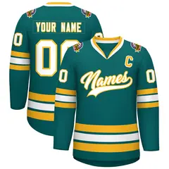 Teal White-Gold Classic Hockey Jersey