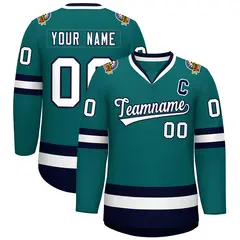 Teal White-Navy Classic Style Hockey Jersey