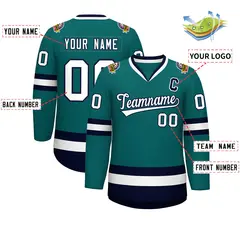 Teal White-Navy Classic Style Hockey Jersey 2