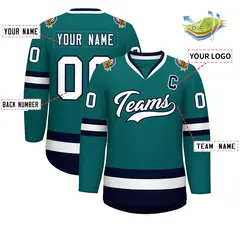 Teal White-Navy Classic Style Hockey Jersey 2