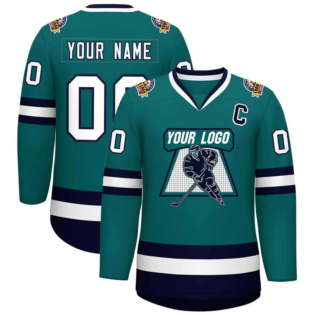 Teal White-Navy Classic Style Hockey Jersey