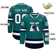 Teal White-Navy Classic Style Hockey Jersey 2