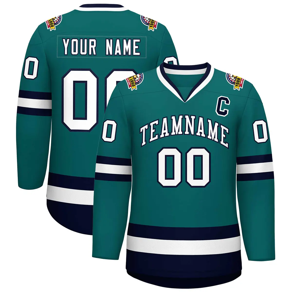 Teal White-Navy Classic Style Hockey Jersey