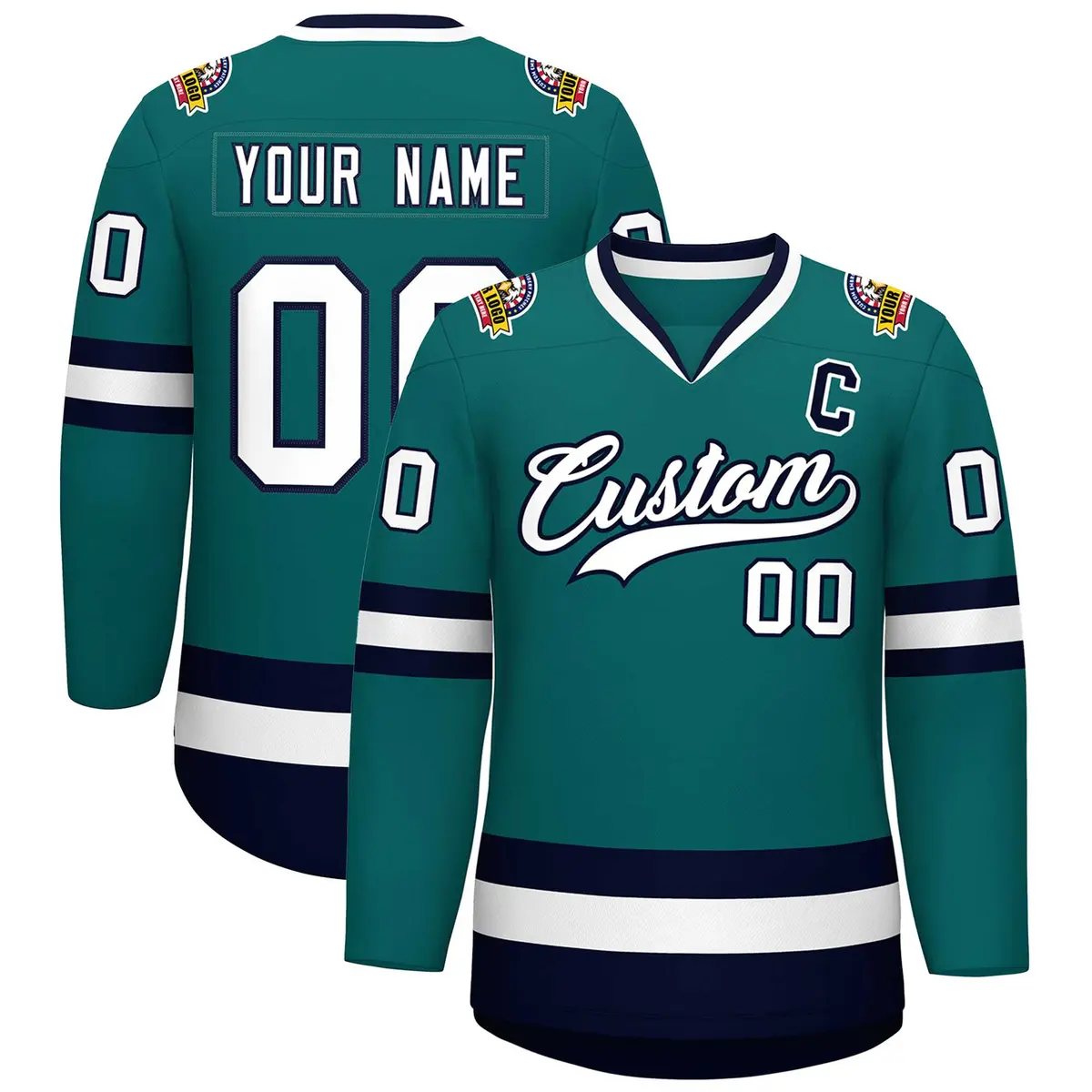 Teal White-Navy Classic Style Hockey Jersey