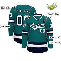 Teal White-Navy Classic Style Hockey Jersey 2