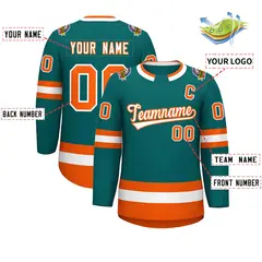 Teal White-Orange Classic Style Hockey Jersey 2