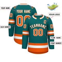 Teal White-Orange Classic Style Hockey Jersey 2