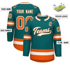 Teal White-Orange Classic Style Hockey Jersey 2