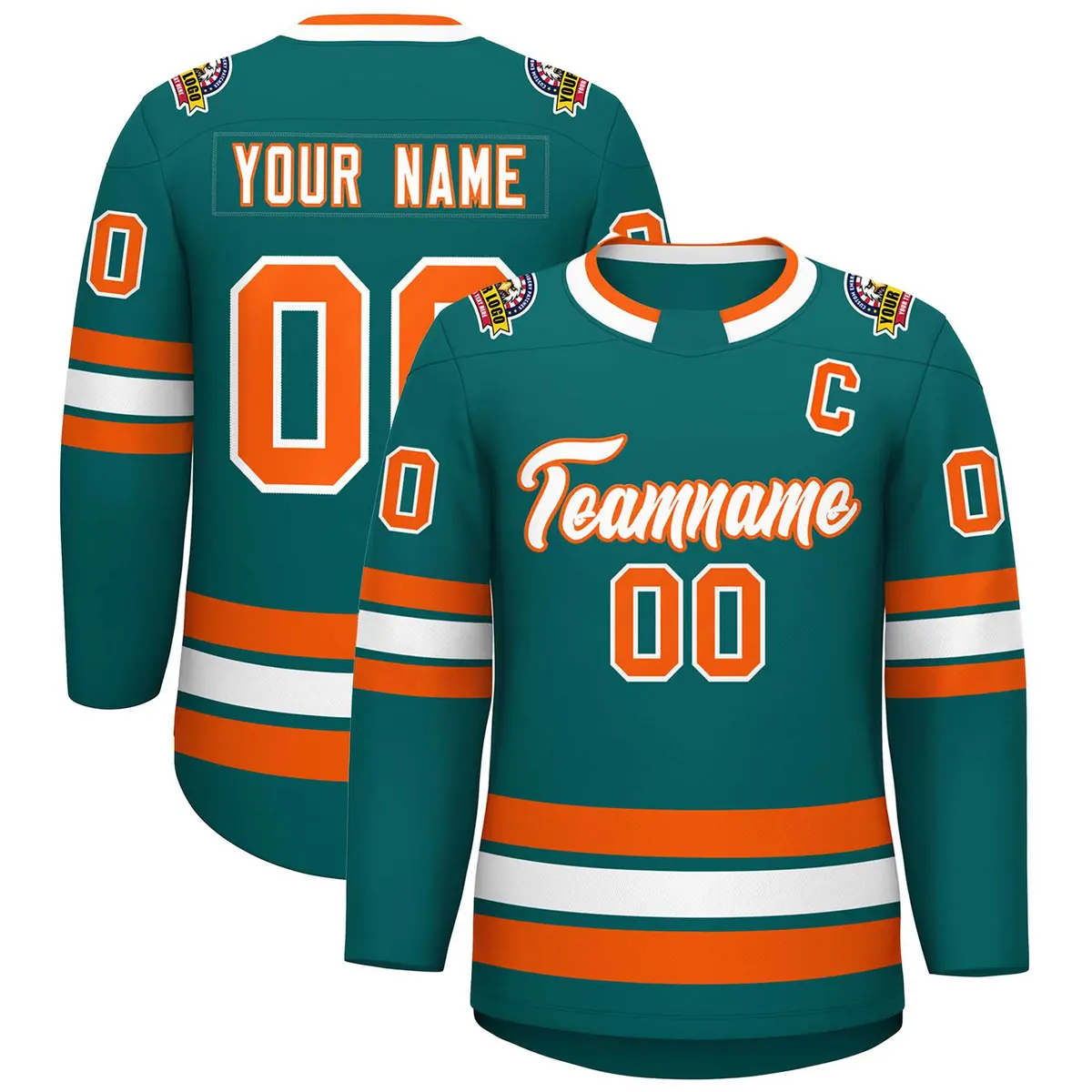 Teal White-Orange Classic Style Hockey Jersey