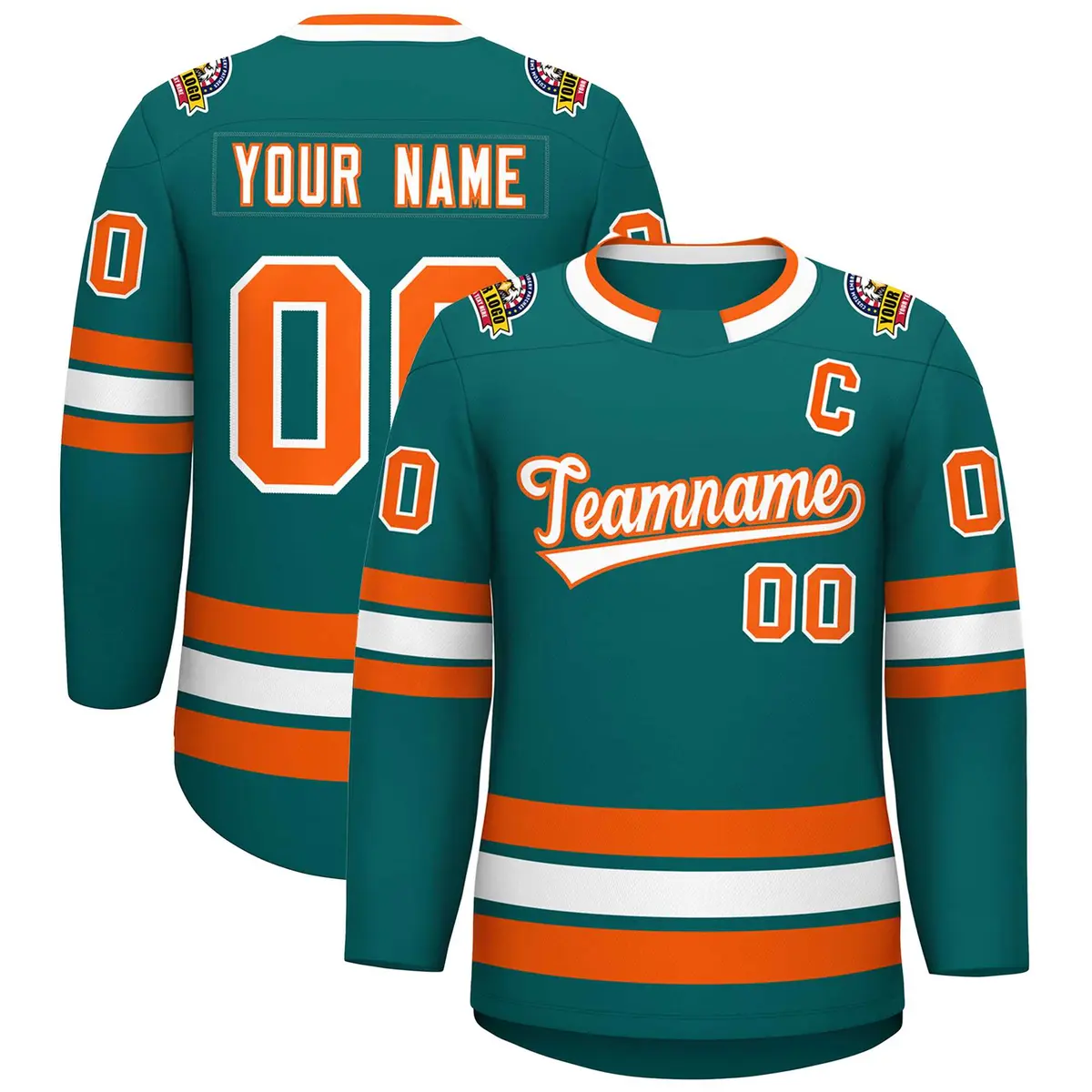 Teal White-Orange Classic Style Hockey Jersey