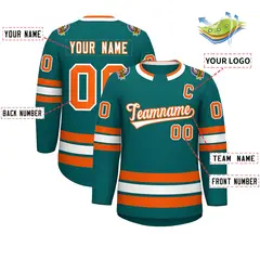 Teal White-Orange Classic Style Hockey Jersey 2