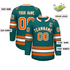 Teal White-Orange Classic Style Hockey Jersey 2