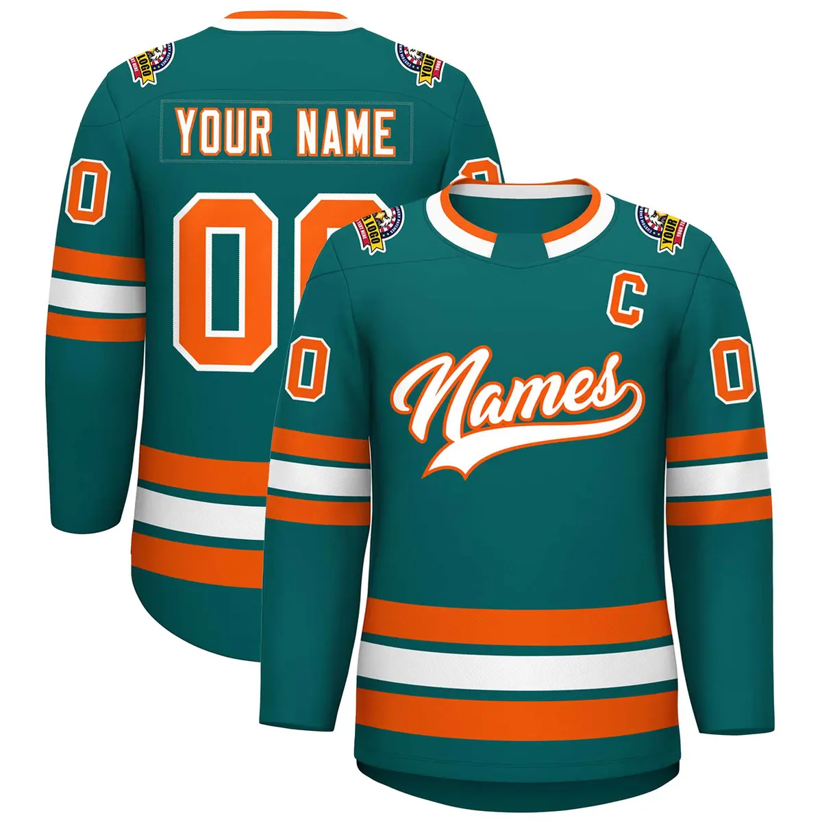 Teal White-Orange Classic Style Hockey Jersey