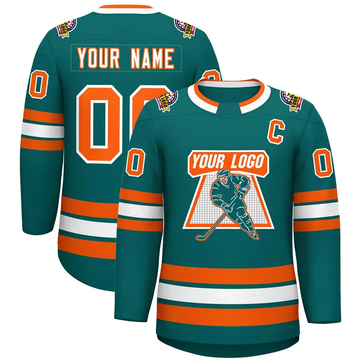 Teal White-Orange Classic Style Hockey Jersey