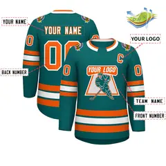 Teal White-Orange Classic Style Hockey Jersey 2