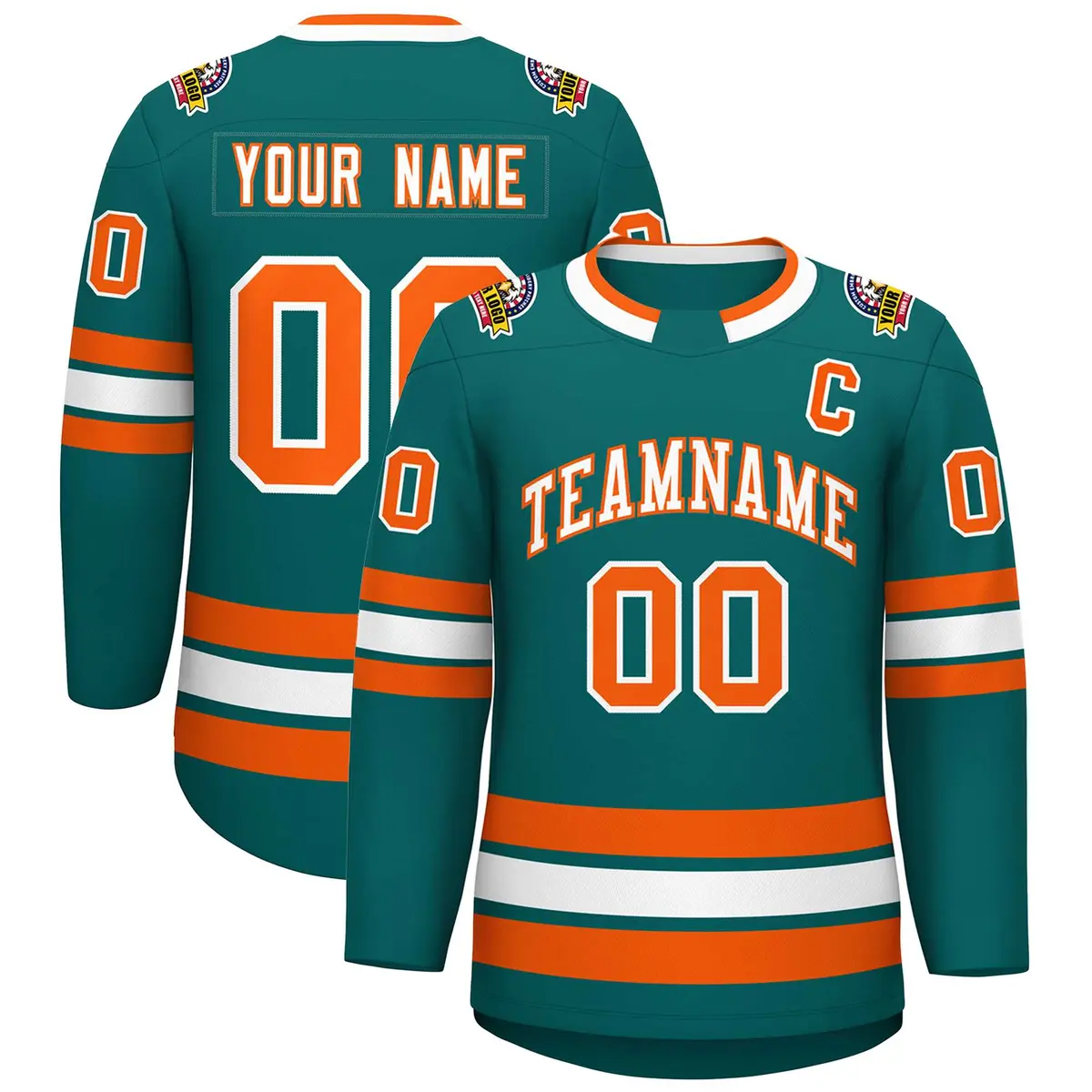 Teal White-Orange Classic Style Hockey Jersey