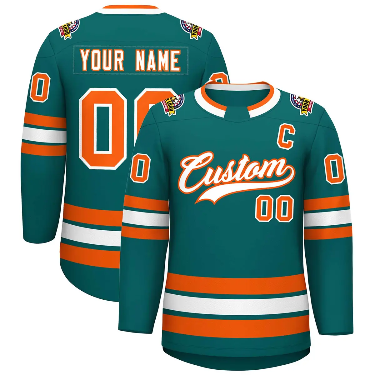 Teal White-Orange Classic Style Hockey Jersey