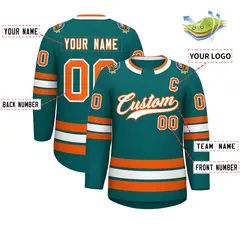 Teal White-Orange Classic Style Hockey Jersey 2
