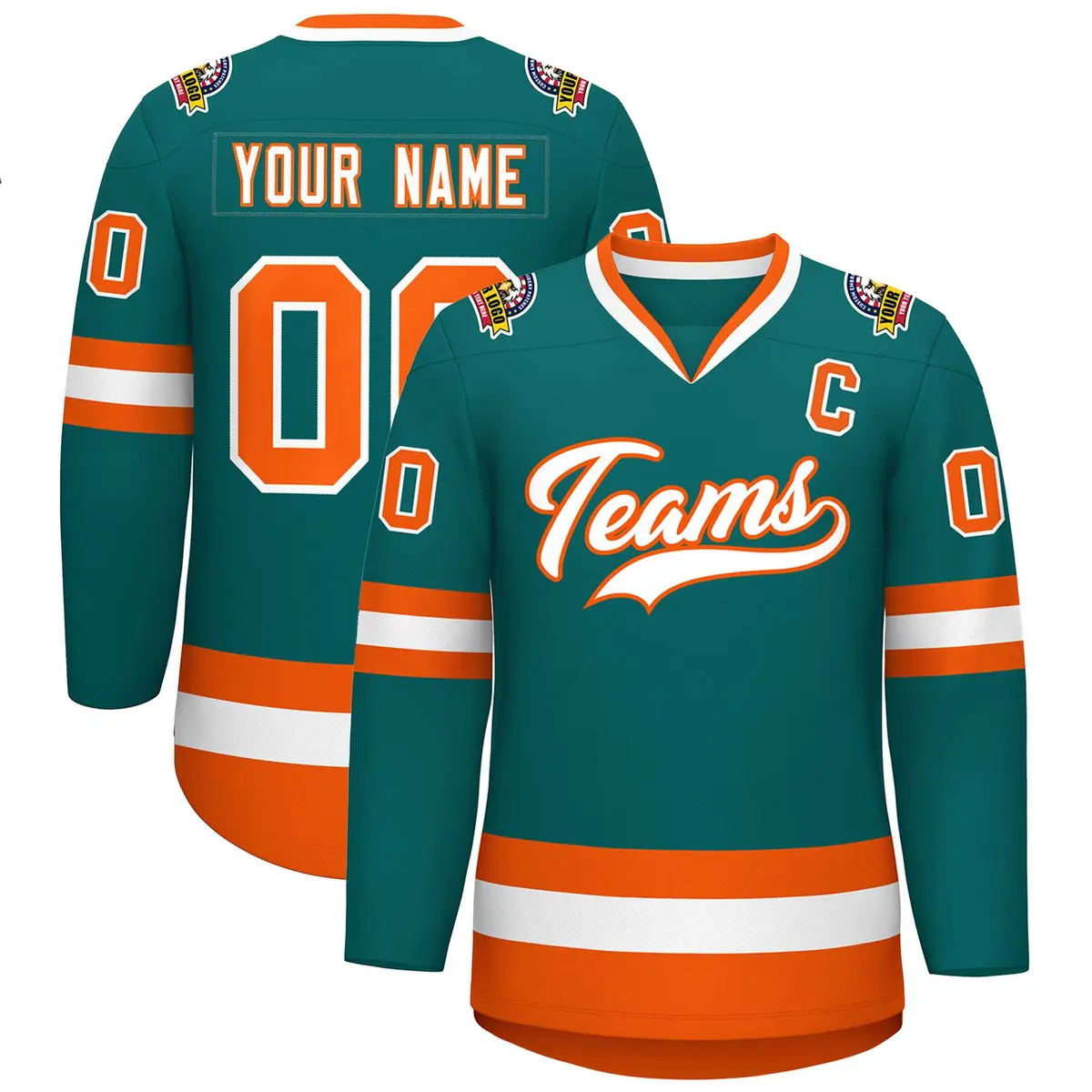 Teal White-Orange Classic Style Hockey Jersey