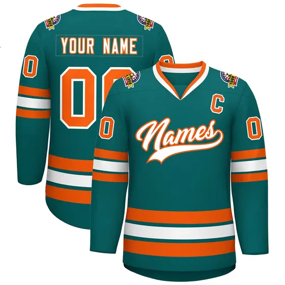 Teal White-Orange Classic Style Hockey Jersey