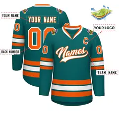 Teal White-Orange Classic Style Hockey Jersey 2