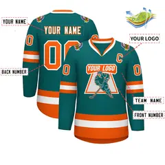 Teal White-Orange Classic Style Hockey Jersey 2