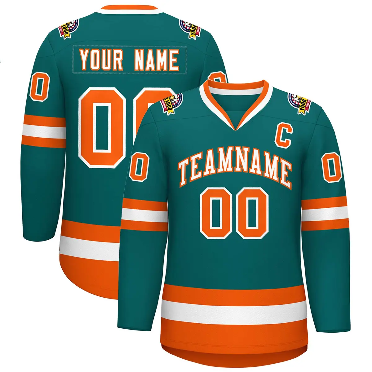 Teal White-Orange Classic Style Hockey Jersey