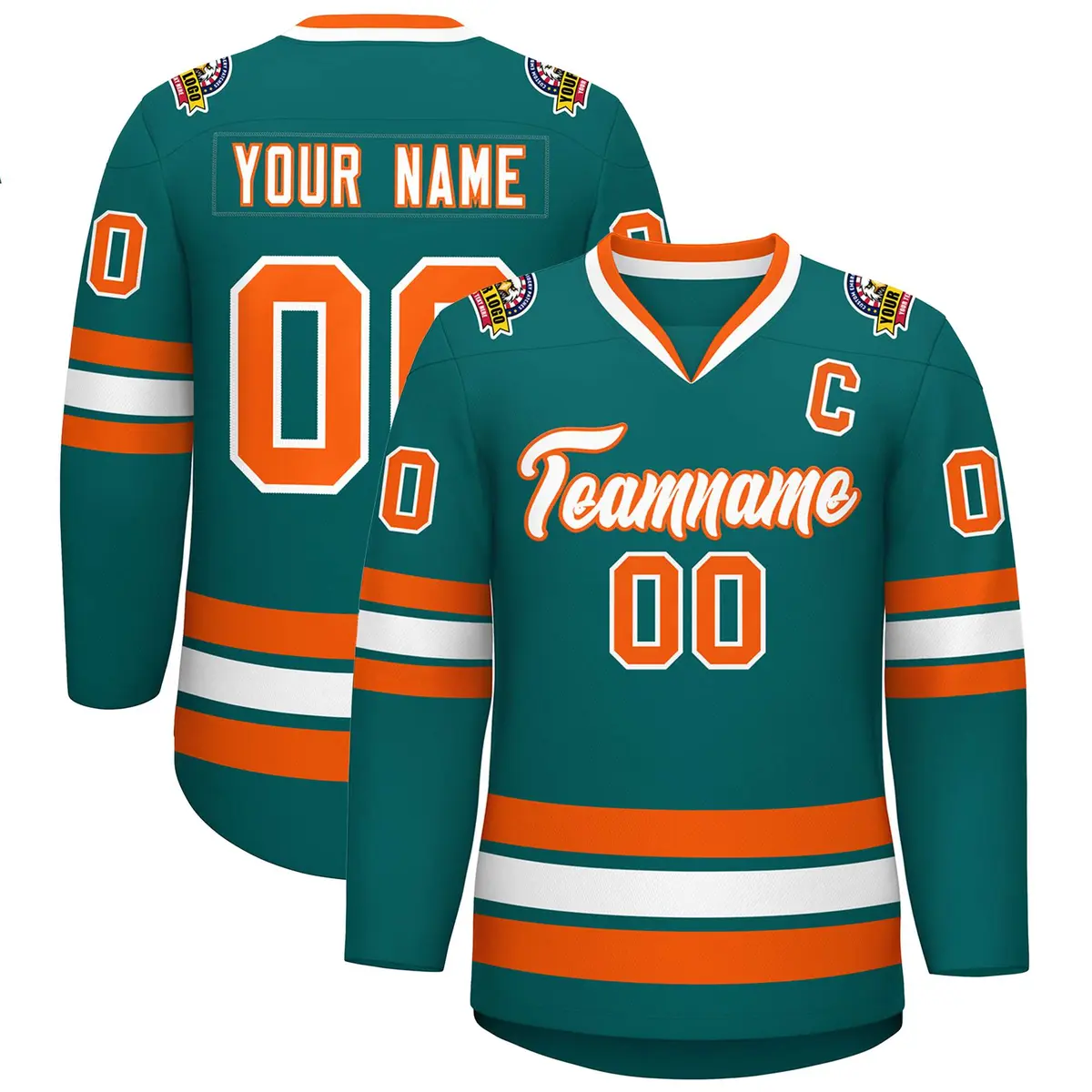 Teal White-Orange Classic Style Hockey Jersey