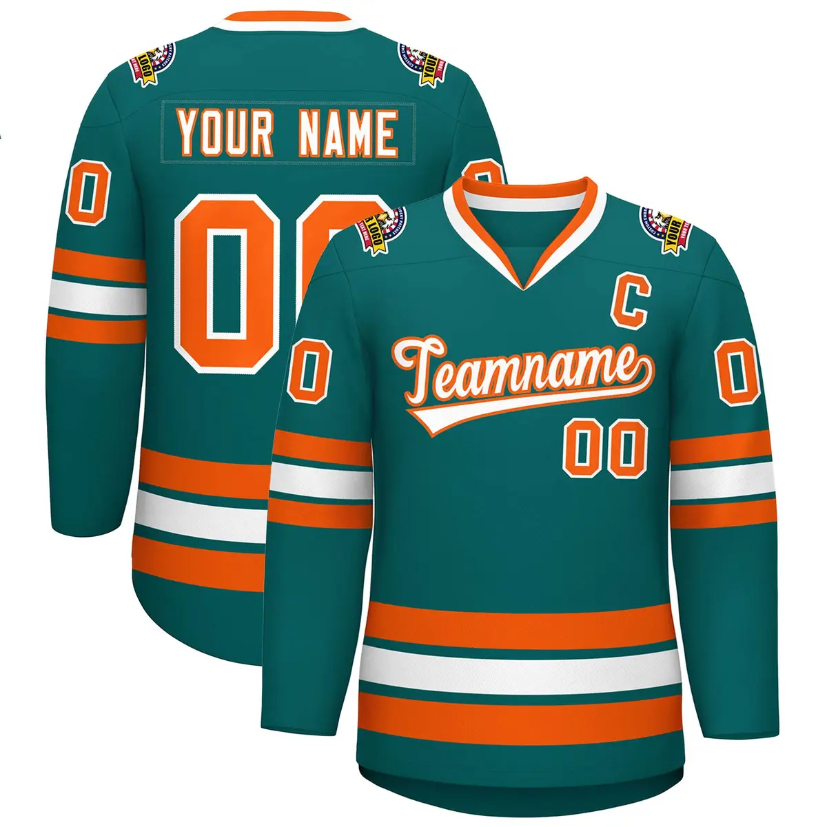 Teal White-Orange Classic Style Hockey Jersey