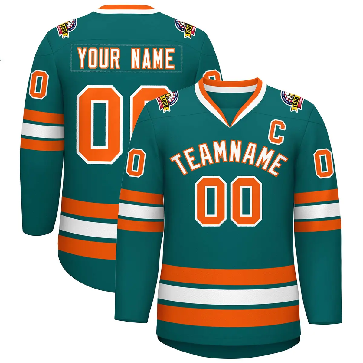 Teal White-Orange Classic Style Hockey Jersey