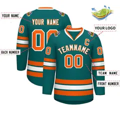 Teal White-Orange Classic Style Hockey Jersey 2