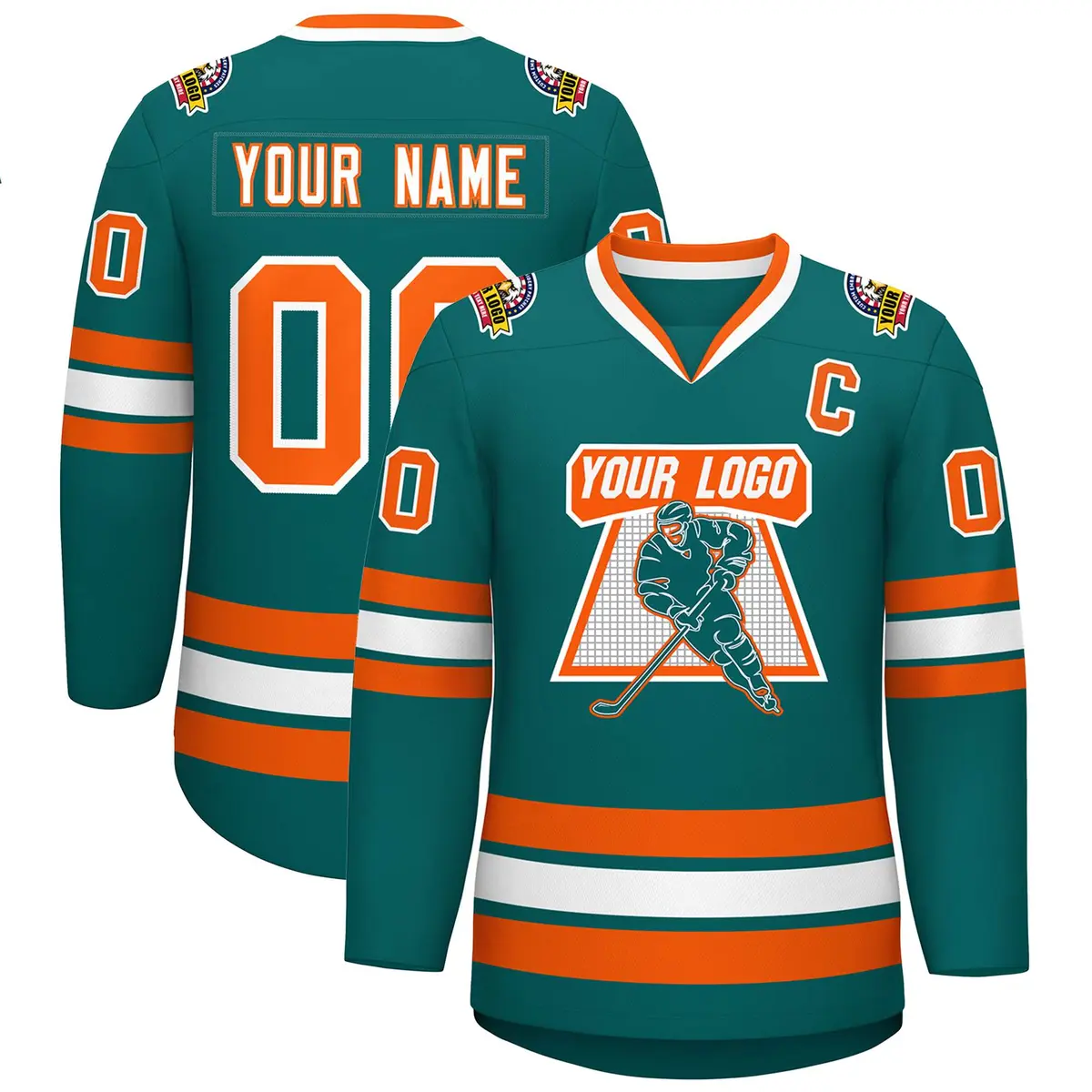 Teal White-Orange Classic Style Hockey Jersey