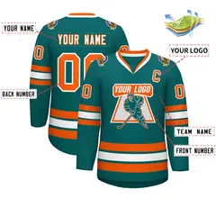 Teal White-Orange Classic Style Hockey Jersey 2