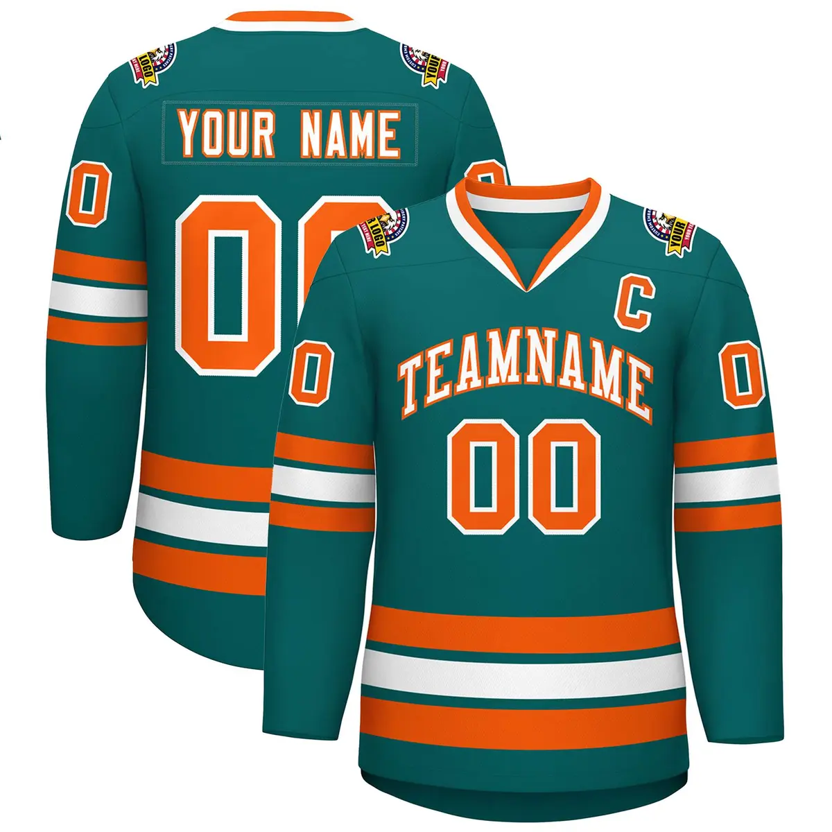 Teal White-Orange Classic Style Hockey Jersey