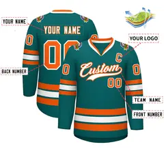 Teal White-Orange Classic Style Hockey Jersey 2