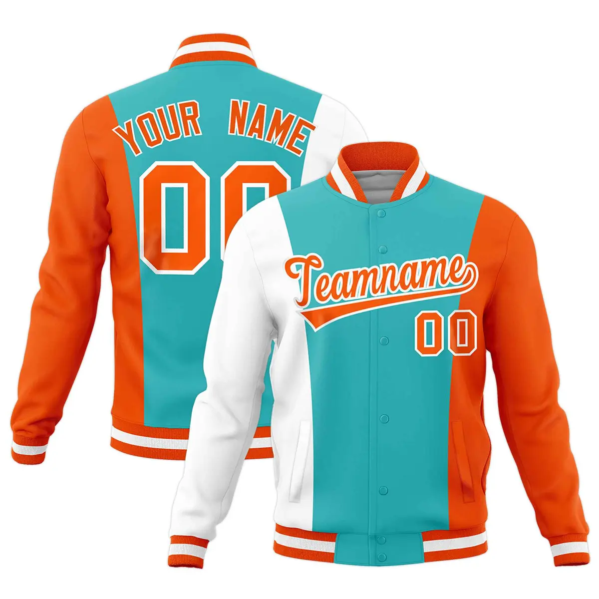 Teal White Orange Three Color Block Varsity Letterman Jacket