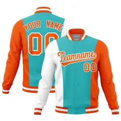 Teal White Orange Three Color Block Varsity Letterman Jacket
