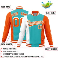 Teal White Orange Three Color Block Varsity Letterman Jacket 2