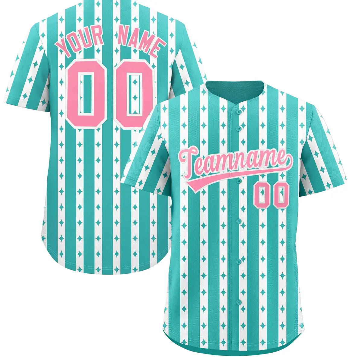 Teal White Thick Stripes Star Pattern Baseball Jersey
