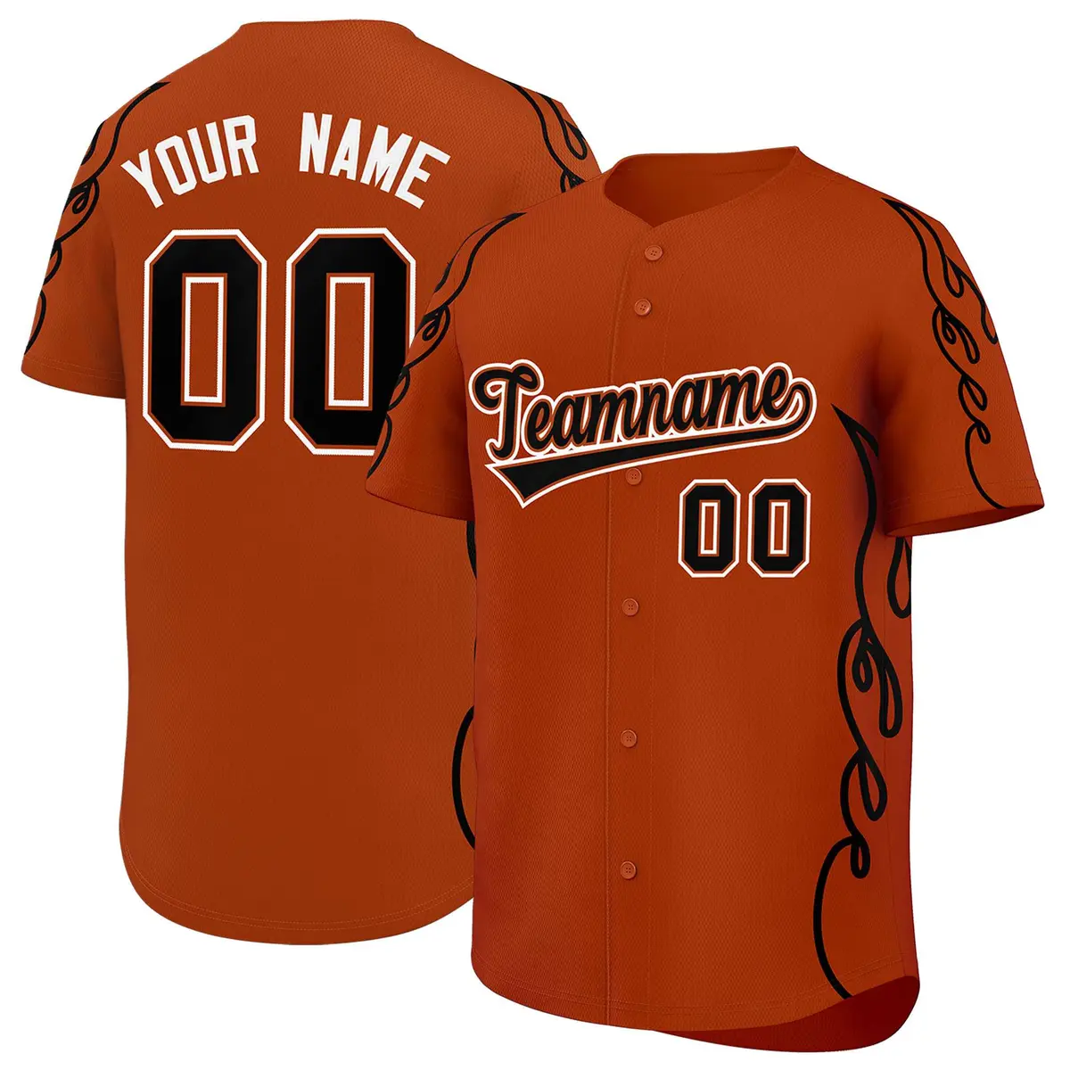 Texas Orange Black Side Flame Outline Baseball Jersey