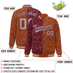 Texas Orange Crimson-Gray Graffiti Pattern Split Letterman Bomber Baseball Jacket 2