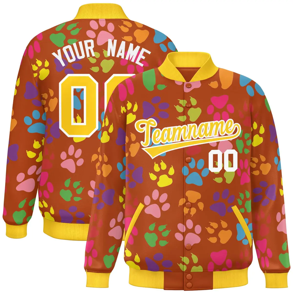 Texas Orange Gold-White Varsity Paw Prints Graffiti Letterman Jacket