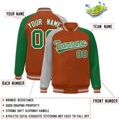 Texas Orange Kelly Green-Gray Full-Snap Raglan Varsity Letterman Bomber Jacket 2